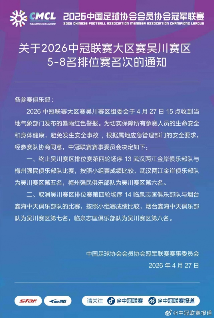 中冠官方：因暴雨终止和取消吴川赛区两场比赛，根据小组成绩排名